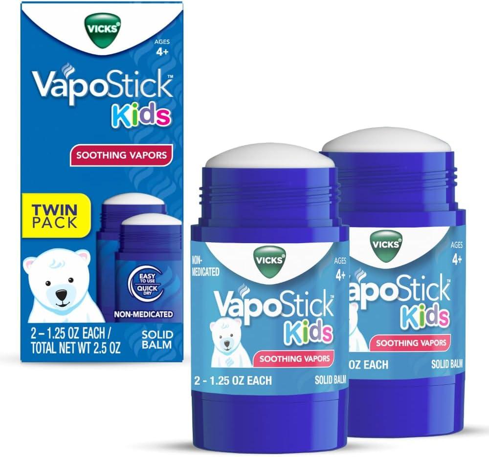 Vicks VapoStick Kids, Solid Balm, No Mess, for Kids Ages 4+ Soothing Non-Medicated Vicks Vapors, Easy-to-Use No-Touch Applicator, Lightweight Feel, 1.25oz x 2