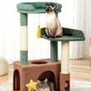 32" Cute Cat Tower for Indoor Kittens with Cat Condo, Plush Platform, Hammock, Sisal Scratching Posts, Dangling Ball, Tall Cat Tree Tower with Self-Grooming Brush (Olive Green)