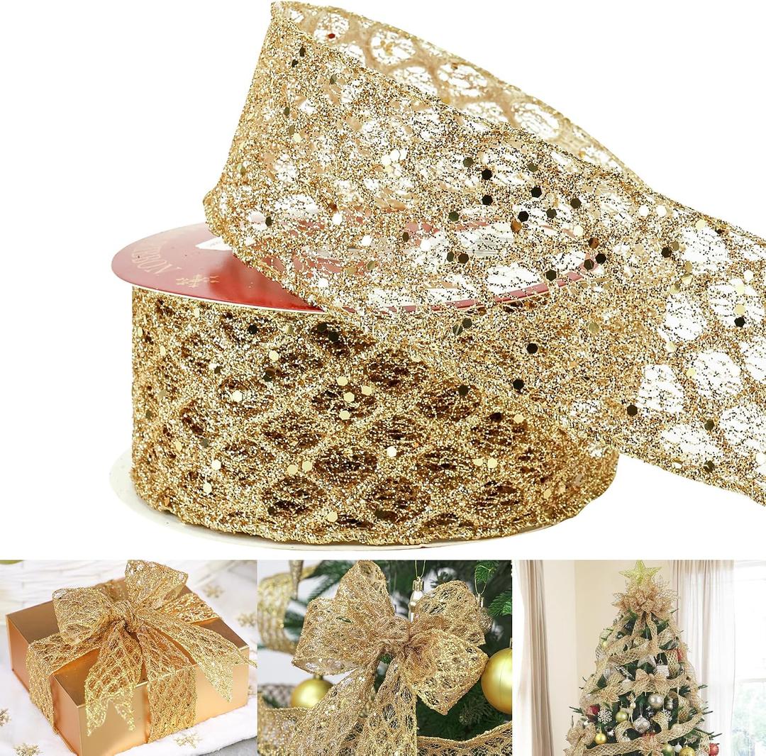 HUIHUANG Gold Glitter Diamond Wired Ribbon 2-1/2" Gold Christmas Ribbon for Christmas Trees, Bows Making, Wreath Supplies, Garlands, Home Decor, Crafts -10 Yards