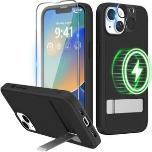 Magnetic Case for iPhone 14 Plus Case 6.7-Inch (2022), Slim Kickstand with Screen Protector Compatible with Magsafe Shockproof Translucent Matte Cases Phone Case Cover, Black