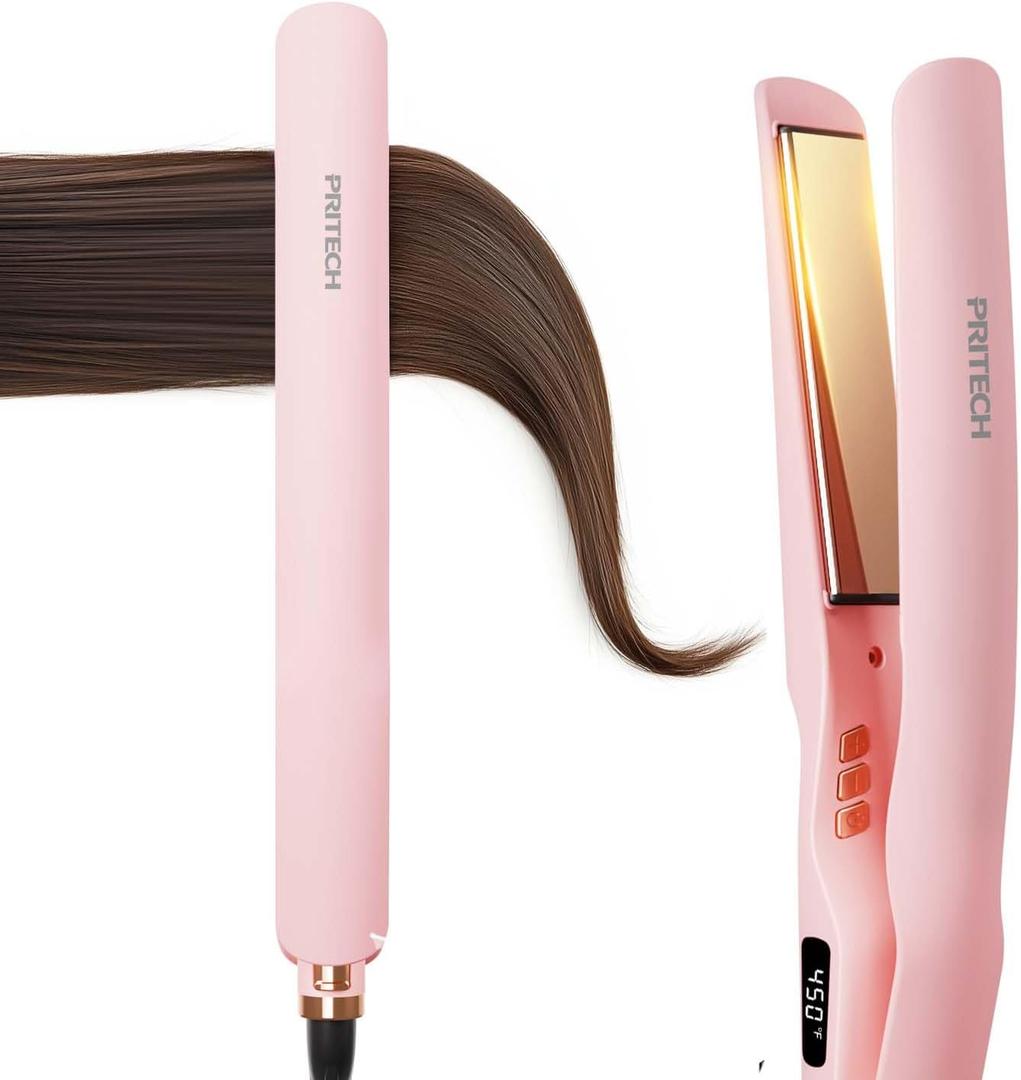 Flat Iron Hair Straightener 1 Inch Titanium - Fast Heating Pink Hair Straightener Negative Ions Flat Iron 12 Temp (230F-450F), Auto Shut Off, Temp Memory & Dual Voltage for Smooth Silky Hair