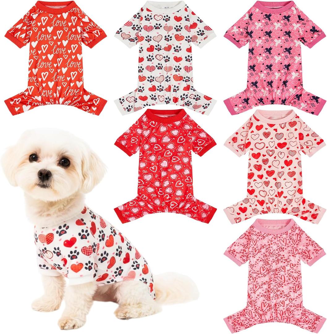 6 Pcs Valentine's Day Dog Pajamas, Holiday Dog Pajamas Jumpsuit for Small Medium Boy Girl Puppy Winter Pet Clothes (S)
