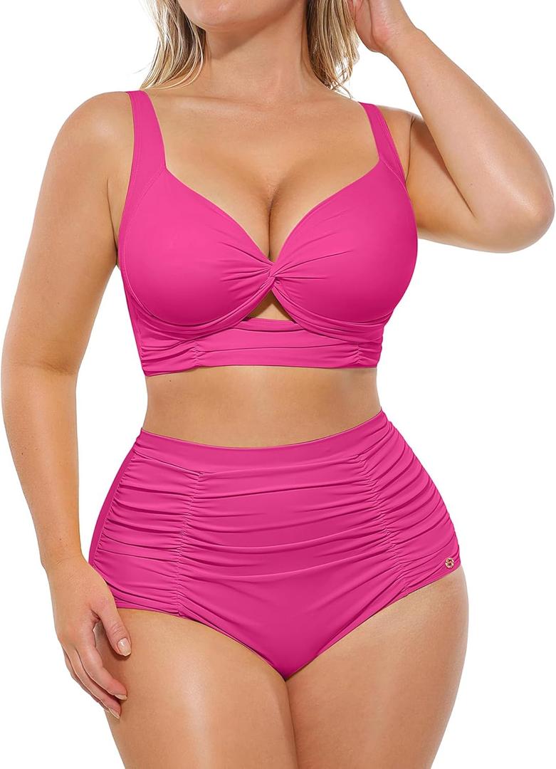 SHAPELLX High Waisted Bikini Tummy Control Two Piece Swimsuits for Women Ruched Bathing Suit Twist Front Bikini Sets (XX-Large, A4-hot Pink)