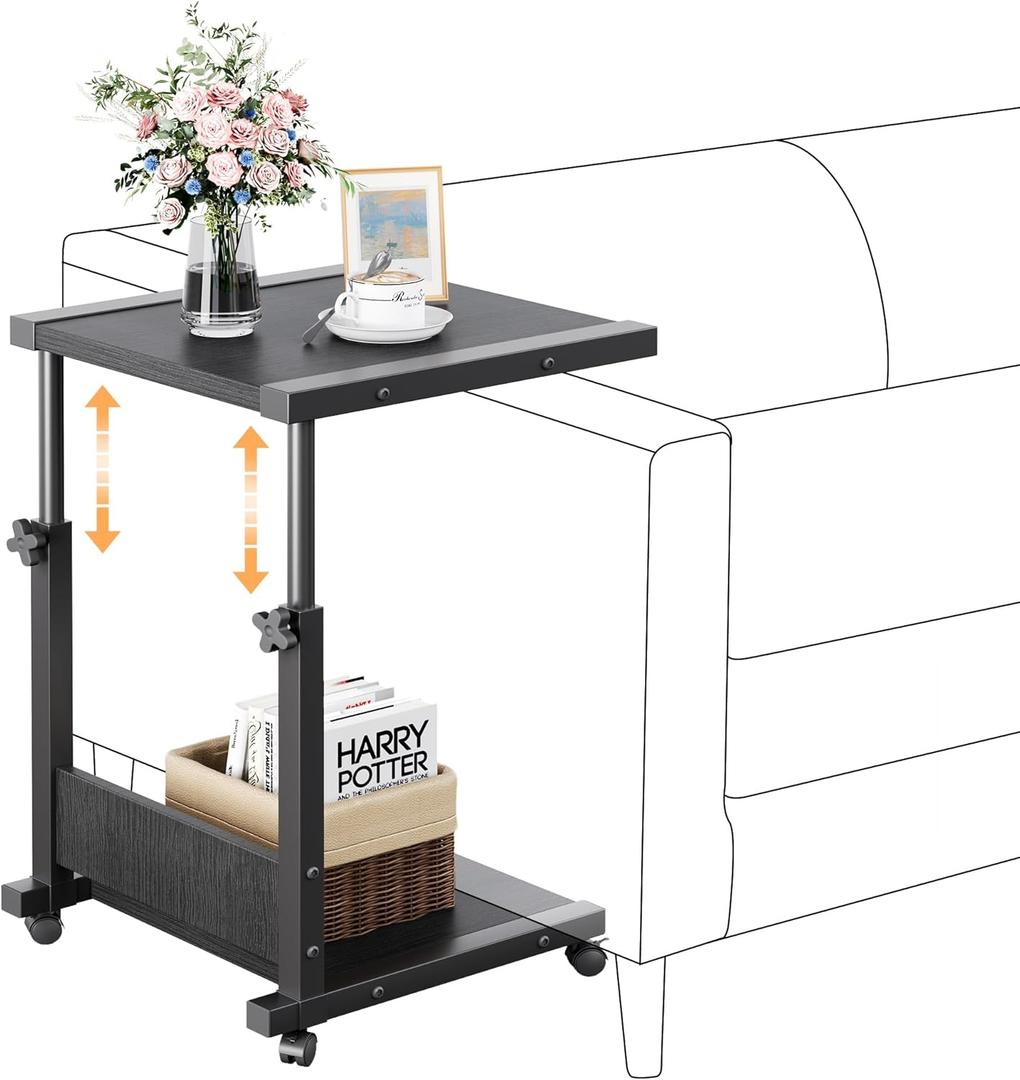 Hospital Bedside Table with Wheels Adjustable Height Sofa Side, Rolling Hospital Table, Mobile Computer Desk Laptop Table for Living Room, Bedroom & Office, Black