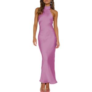 Phicia Sexy Satin Halter Neck Backless Maxi Dress for Women Elegant Tie Cowl Back Formal Wedding Guest Dress for Summer (Pink, XS)