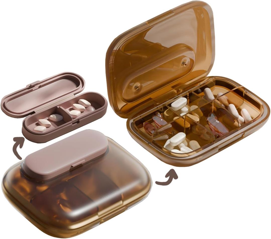 MURRI&MURRDI Travel Pill Organizer, 6 Compartments Small Pill Container, Daily Pill Box to Hold Vitamins, Portable Pill Case for Pocket Purse Medicine Organizer Detachable G Coffee (6 Cells)