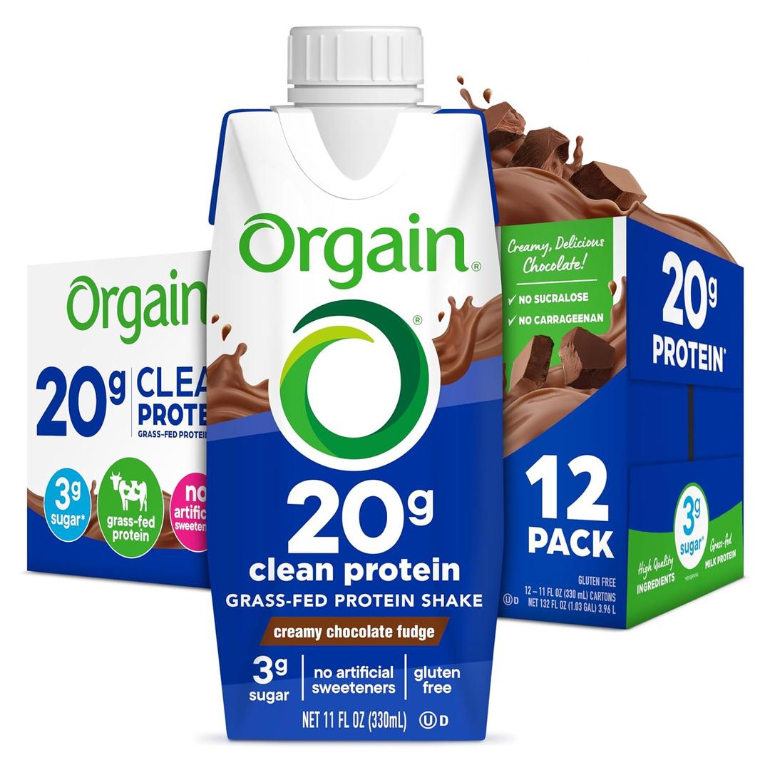 Orgain Clean Protein Shake, Grass Fed Dairy, Creamy Chocolate Fudge - 20g Whey High Protein, Kosher, Ready to Drink, Low Net Carbs, Gluten Free, No Soy Ingredients, 11 Fl Oz (Pack of 12) (EXP 08/17/26)