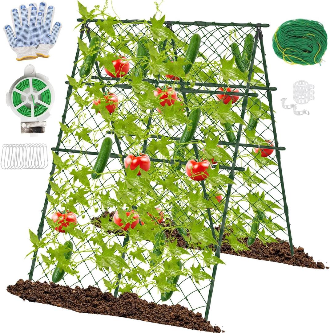 63"H x 47"L Cucumber Trellis for Raised Bed, Adjustable Garden Trellis for Climbing Plants Outdoor with Climbing Net and Plant Support Clip, A-Frame Trellis for Vegetable, Cucumbers, Tomatoes