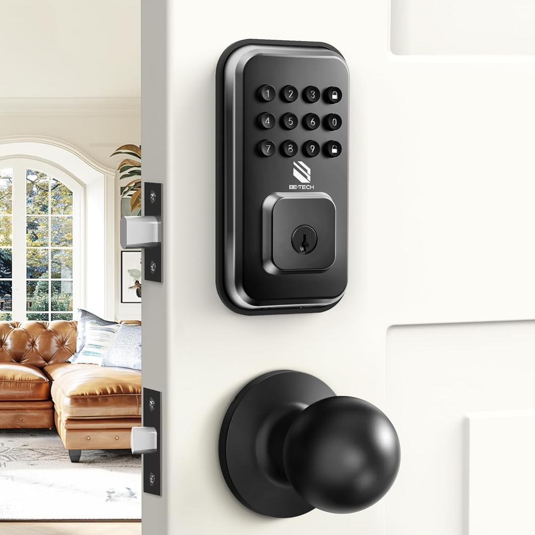 BE-TECH Keyless Entry Smart Door Lock with 2 Knob Handles, Electronic Front Door Locks Set, Digital Keypad Deadbolt, Auto Lock, One Time Codes, Anti Peeping Code, Easy Installation, Black