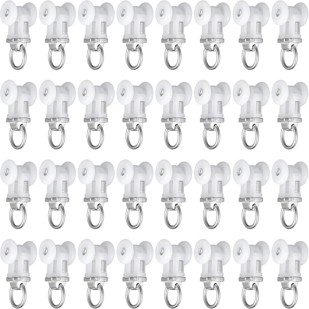 Barydat Curtain Track Roller Hooks Rail Pulleys Runners Plastic Ceiling Gliders Window Rod Dual Wheel Roller Carriers Mounted Curtain Track for Window Rail Rod Room Dividers(30 Pcs)