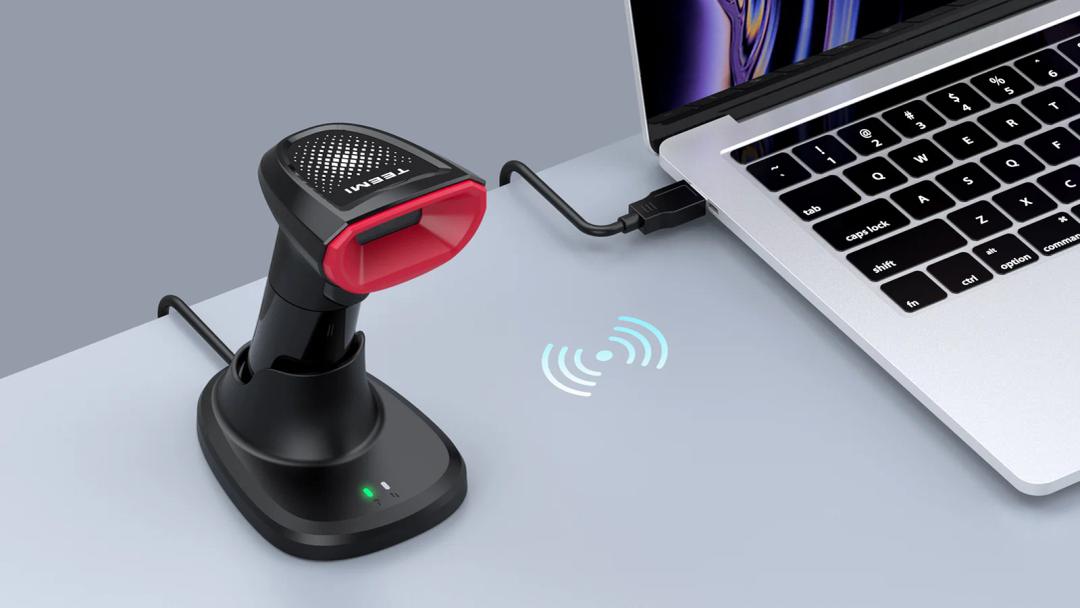 TEEMI TMSL-58CR 1D/2D Bluetooth Barcode Scanner with Smart USB Cradle | Easy Swap Replaceable Battery | Automatic Charging Base | Hands-Free Auto Sense Mode for Fast Scanning