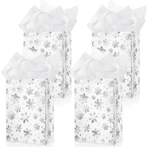 Silkfly 50 Pcs Small Winter Party Favor Gift Bags Bulk Snowflake Metallic Kraft Candy Treat Goodie Bags with Handle 50 Pcs Tissue Paper for Xmas Winter Holiday Birthday Party Supplies (Silver)