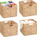 12x12x10 Water Hyacinth Storage Basket Large, Folding Cube Woven Wicker Storage Basket for Shelves, Pantry Baskets Organization and Storage, Large Rattan Basket Set of 4
