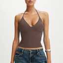 SUUKSESS Women Double Lined Halter Tank Top Summer Padded Deep V Neck Going Out Tops Sleeveless Basic Shirts (Brown, Large)
