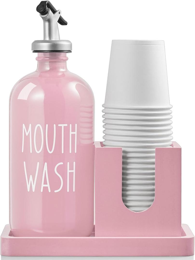 Glass Mouthwash Dispenser for Bathroom, 16 OZ Mouthwash Dispenser with Pour Spout and Wood Cup Holder and Tray, Mouth Wash Bottle Container, Farmhouse Kitchen Bathroom Decor and Accessories, Pink