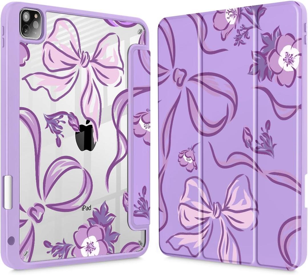 Mektron Case for iPad Pro 11 inch (4th, 3rd, 2nd & 1st Gen) 2022 2021 2020 2018, Buit in Pencil Holder with Shockproof Cover Clear Shell + Auto Wake/Sleep, Flowers-Bows-Purple