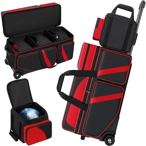 Aleemin 4 Ball Bowling Bag with Wheels, Bowling Bag 4 Ball Roller with Multi-pocket & Shoe Compartment & Retractable Handle, 3 Ball Roller Bag + 1 Ball Color Matching Add On Tote