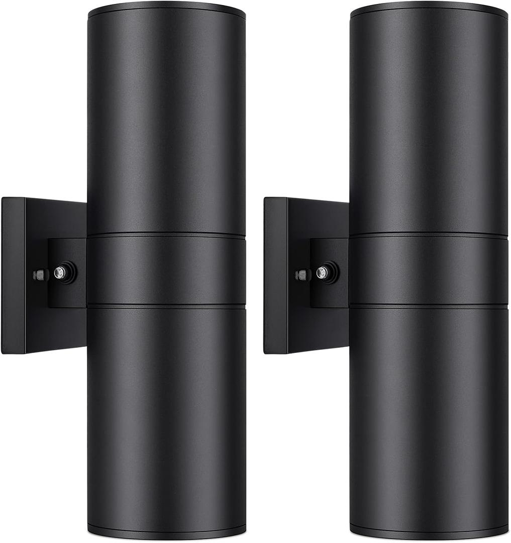 14 Modern Outdoor Wall Light with Dusk to Dawn Sensor, Exterior Light Fixture Wall Mount Waterproof Anti-Rust Cylinder, Up and Down 2 Lights Black Sconces for Porch House Outside Entryway, 2-Pack