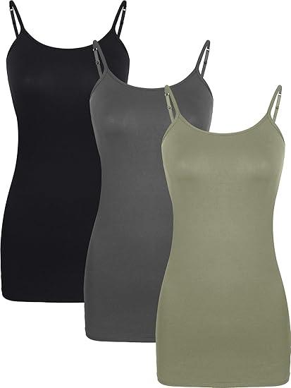 WILLBOND 3 Pieces Women Basic Long Tanks Adjustable Spaghetti Strap Camisole Top, Black, Dark Grey and Green,  Size M