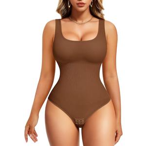 Nebility Shapewear Bodysuits for Women Tummy Control Body Shaper Square Neck Body Suits Slim fit (X-Small/Small, Brown)