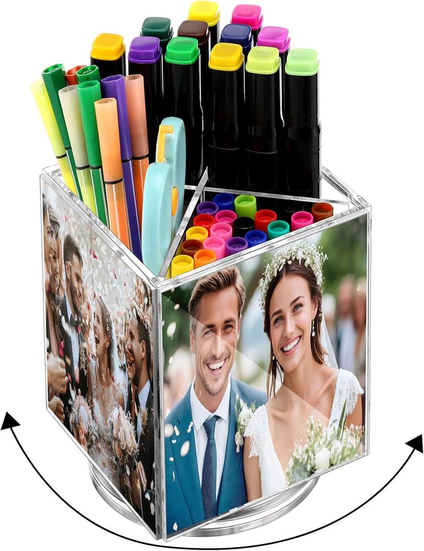Sherr Acrylic Rotating Photo Pen Holder for Desk, 4-side Photo Cube Magnetic Picture Frame Pen Pencil Holder for Photos of 4" x 6" for Office Desk Tabletop Organizer Decor