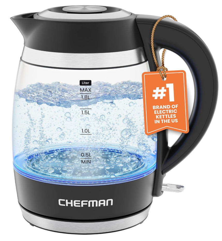 Chefman Electric Kettle, 1.8L 1500W, Hot Water Boiler, Removable Lid for Easy Cleaning, Auto Shut Off, Boil-Dry Protection, Stainless Steel Filter, BPA Free, Borosilicate Glass Electric Tea Kettle