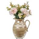 MyGift Vintage Style Small Jug Flower Vase with Rustic Brass Glazed Finish, Vertical Ribbed Ceramic Tabletop Decorative Pitcher Home Decor Floral Arrangement Planter Vase