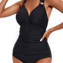 KI LAPHEE One Piece Bathing Suit for Women Tummy Control Swimsuits V Neck Ruched Cross Back Self Tie (Black)