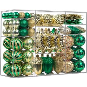 110Pcs Christmas Ball Ornaments Set, Assorted Green and Gold Christmas Ornaments for Xmas Tree, Shatterproof Plastic Baubles Hanging Decorations for Holiday/Party/Wedding