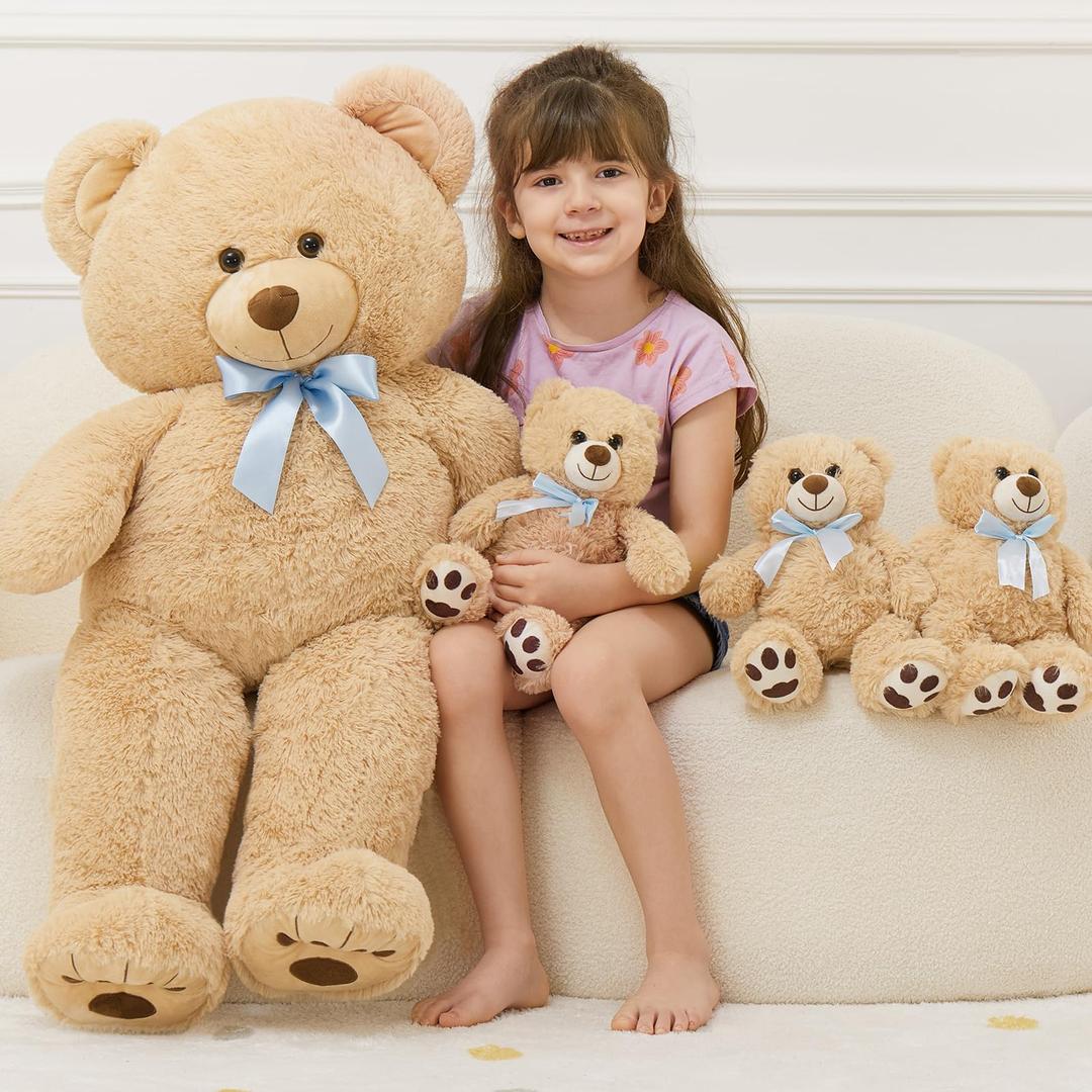 MorisMos Giant Teddy Bear Stuffed Animal with Baby Bears,35.4'' Big Mommy Stuffed Bear,3 Small Bulk Teddy Bear Stuffed Animals for Baby Shower Birthday, 4Pack Brown Bear Toys for Kids Mom Girlfriends