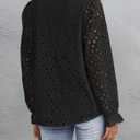 ZESICA Women's Casual Blouse Tops Puff Long Sleeve Button V Neck Hollow Out Eyelet Lace Embroidered Shirt Dressy (Black, L)