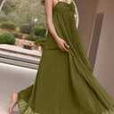 Women's Plisse Dress Adjustable Spaghetti Strap Maxi Solid Party Wedding Guest Dresses (Green, S)