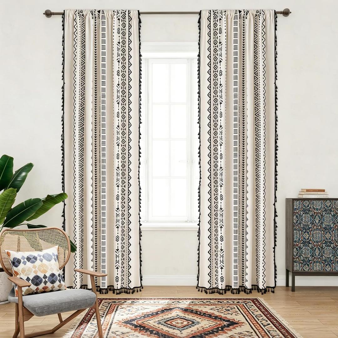 Coral Fish Boho Curtains with Black Geometric Pattern Bohemian Window Treatments with Tassels Fringe for Kitchen Bathroom Light-Filtering Privacy Cotton Drapes, Rod Pocket, 59''W x 63''L, 2 Panels