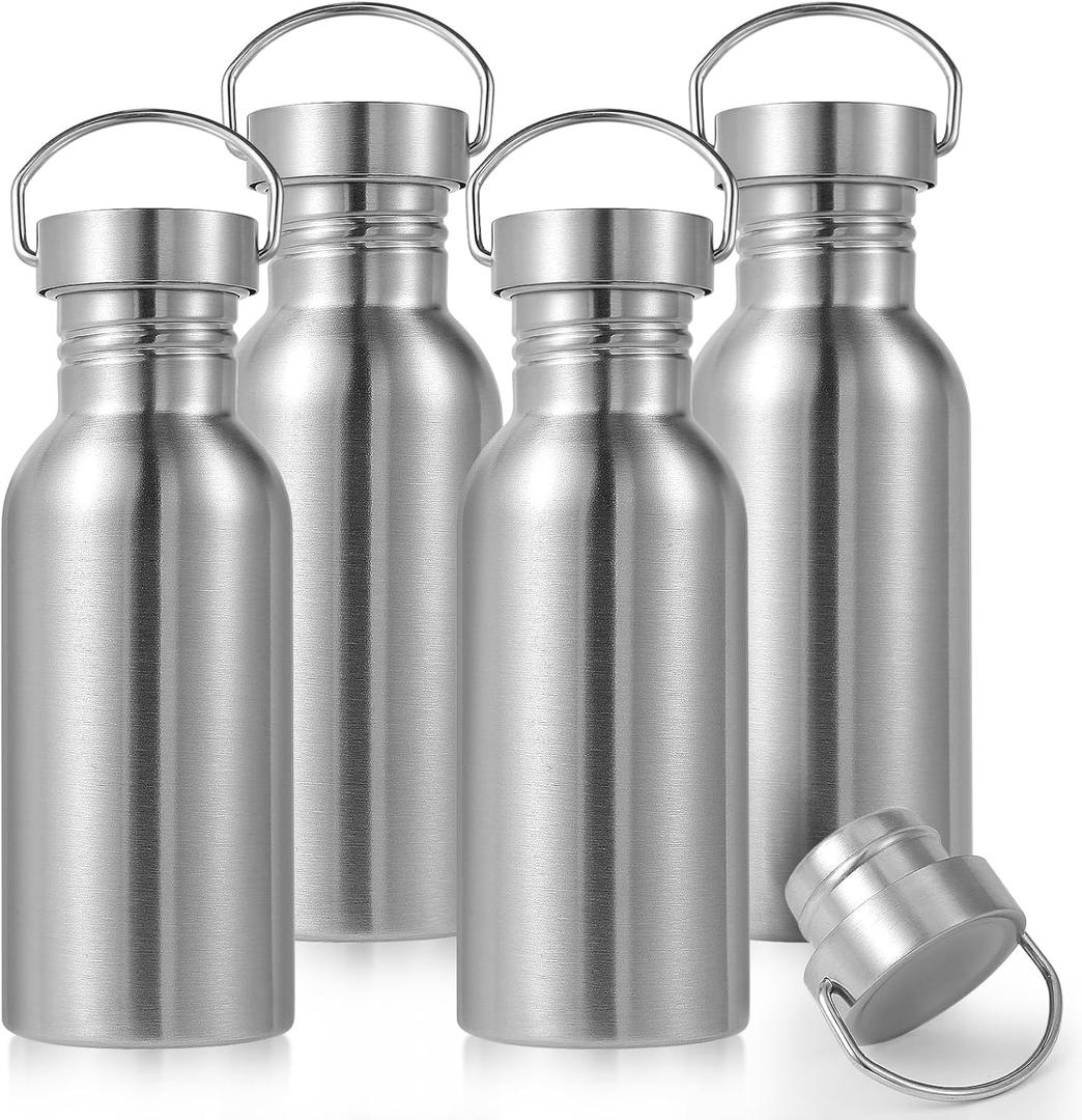 Volhoply 20oz Uninsulated Single Walled Water Bottle 4 Pack, Stainless Steel Reusable Water Bottles with Handle, BPA Free & Plastic Free 18/8 304 Metal Water Bottles for Camping, Hikers, Cyclists