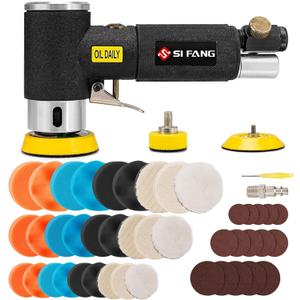 SI FANG 1'' 2'' 3'' Mini Random Orbital Air Sander Kit, High Speed Pneumatic DA Sanders Polisher for Auto Body Work, Includes 27Pcs 1/2/3in Polishing Sponge & Wool Pads, 15Pcs Sandpapers (Black)