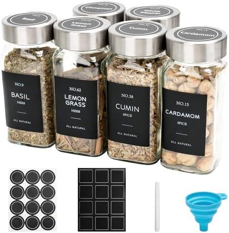 OHHLIHOME 6 Pcs Glass Spice Jars with Label, 4oz Spice Jars with Lids, Seasoning containers Set, Comes with spice bottle caps, Silicone Collapsible Funnel,chalk, for Spice Rack, Cabinet, Drawer