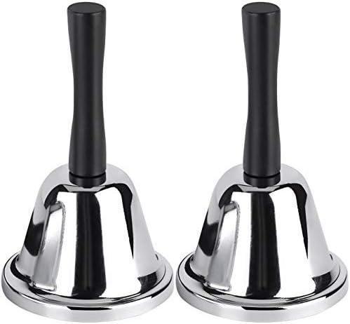 MROCO Loud Hand Bell, 2 Pack Silver Steel Hand Bells for Adults, Dinner Bells for Inside Classroom Bell, for Food Line, Alarm, Jingles, Ringing