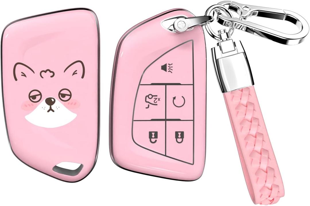 ACEBOY for Cadillac Key Fob Cover, Soft TPU Protective Case with Keychain Compatible with Cadillac 2020-2025 ATS CT4 CT5 CT6 XT4 XT5 XTS CTS SRX Car Smart Keys Case (Pink,5 Buttons)