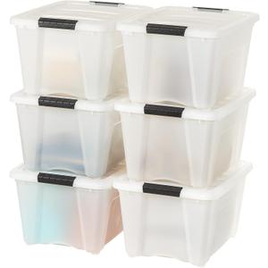 IRIS USA 32 Qt Stackable Plastic Storage Bins with Lids, 6 Pack - BPA-Free, Made in USA - Discreet Organizing Solution, Latches, Durable Nestable Containers, Secure Pull Handle - Pearl
