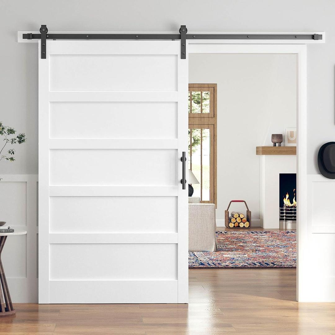 48x84 Inch White Sliding Barn Door Slab with 8ft Hardware Kit Included, 5-Panel, MDF Wood Panel Covered with Water-Proof Scratch-Proof PVC Surface, Simple DIY Assembly