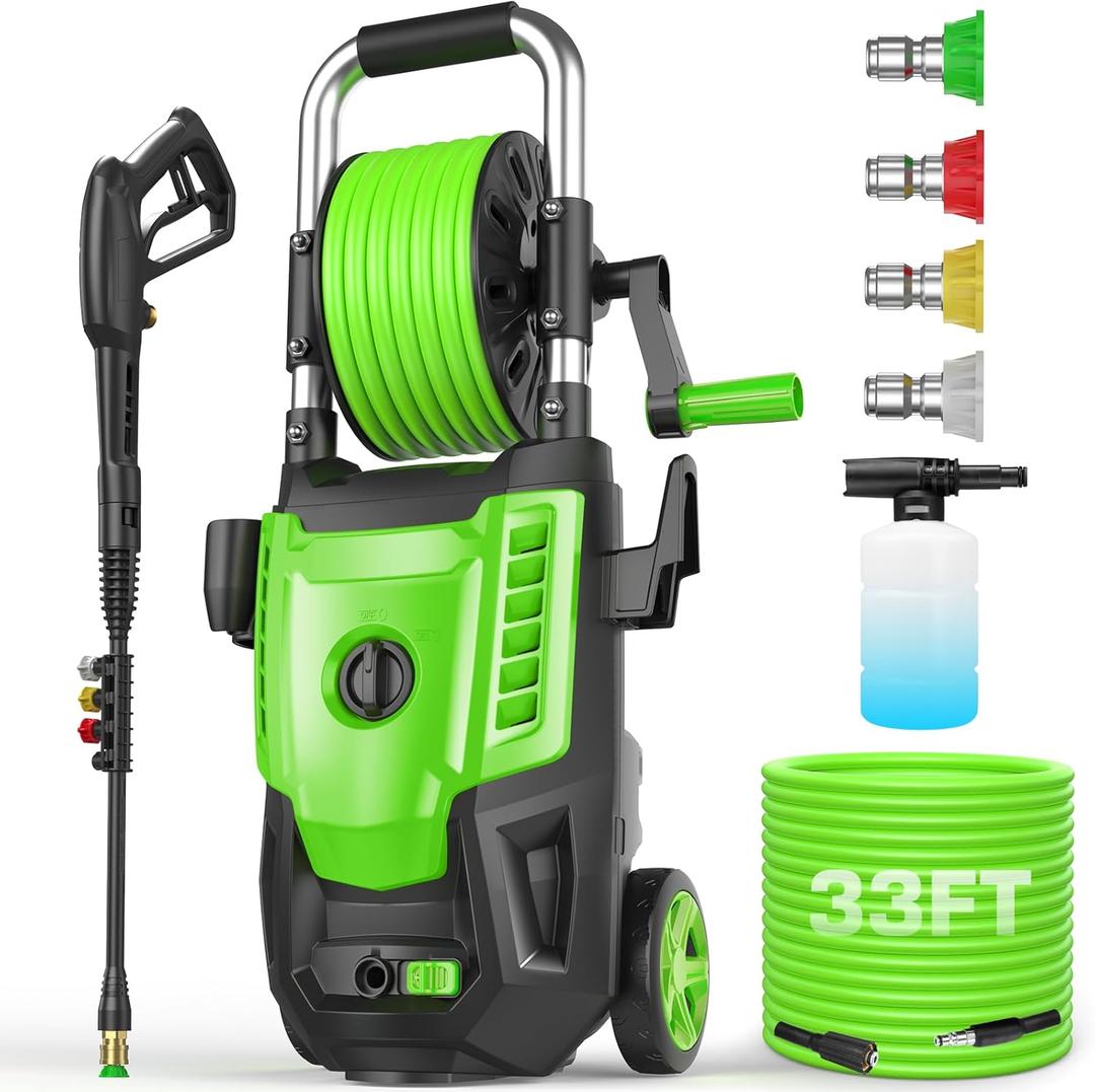 4800 PSI Electric Pressure Washer- 4.0 GPM High Power Washer with 33FT Hose Reel, 4 Spray Tips and Soap Bottle for Car Washing, Fence Cleaning, Patio MaintenanceUpgraded(Green)
