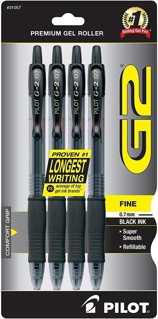 PILOT G2 Premium Refillable and Retractable Rolling Ball Gel Pens, Fine Point, Black Ink, 4-Pack (31057)