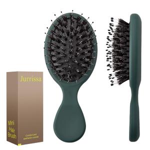 Mini Boar Bristles Hair Bursh, Travel Size Hair Brush for Women Men Kids, Protable Small Hair Brushes for Pockets Purses, Mini Hair Brush for Smooth Add Shine (1 Pack-Green)
