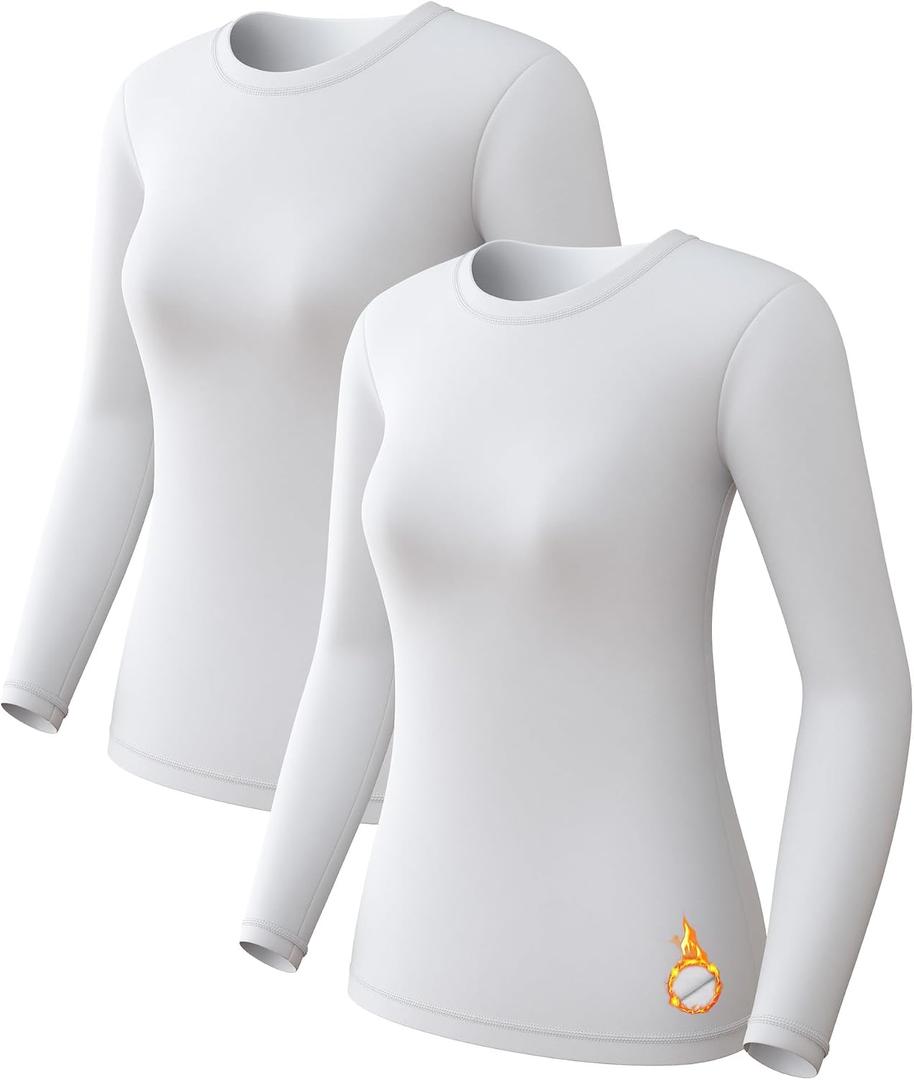 2 Pack Women's Thermal Shirts Long Sleeve Fleece Lined Base Layer (Large, White)