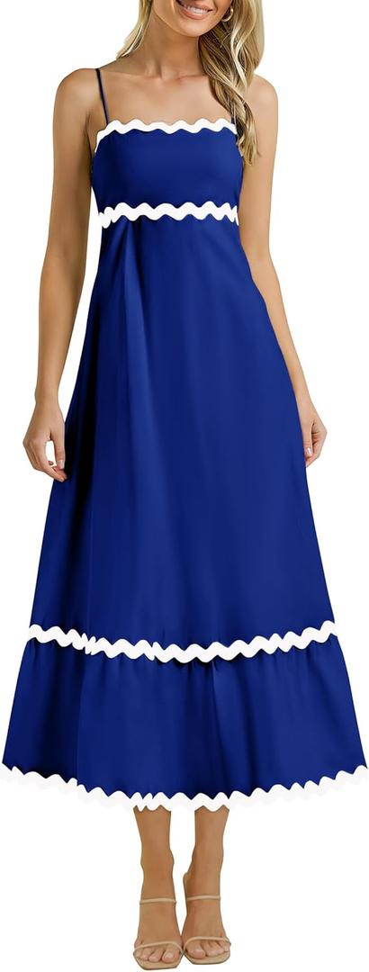KIRUNDO Womens Summer Dresses 2025 Boho Spaghetti Strap Sleeveless Smocked Rickrack Trim Flowy Beach Vacation Midi Sundress (Small, Blue)