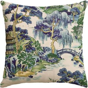 AVOIN colorlife Chinoiserie Blue Trees House Bridge Grandmillennial Throw Pillow Cover, 18 x 18 Inch Spring Summer Cushion Case Decoration for Sofa Couch Farmhouse