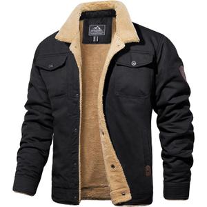 MAGCOMSEN Men's Winter Jacket Lined Sherpa Jacket Warm Trucker Coat Multi Pocket (Black, Small)