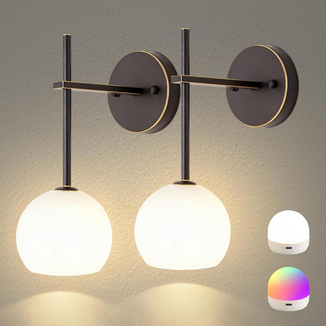 Brown Gold Battery Operated Wall Sconces Set of 2, Rechargeable Wireless Wall Lights with Milky White Frosted Glass, 12 RGB and 3CCT Dimmable, Wall Lamps with Remote for Bedroom Living Room Hallway