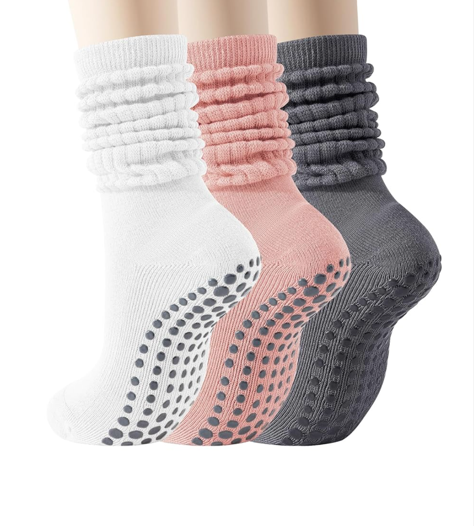 Pilates Socks with Grips for Women, 3 Pairs Long Scrunch Non Slip Yoga Barre Hospital Slouch Socks