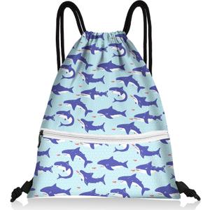 Slohif Drawstring Backpack Beach Swim Bag for Kids Little Sharks Draw String Dance Travel Cinch Ballet Gym Bags for Girls Boys Waterproof Backpack for Swimming Summer Camp Pool Sports Nylon Large